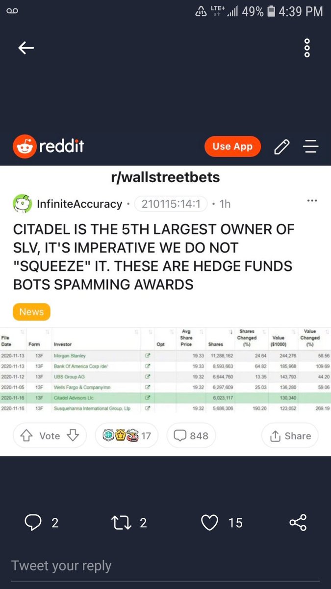 Johnny31764487's tweet photo. @stoolpresidente Spread this Melvin capital owns over 6 million shares of silver
$slv it's a trick !! https://t.co/A4sHs9cWXC