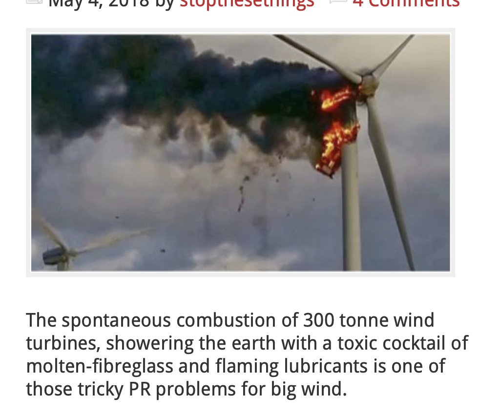 These Wind Turbines are toxic, being placed in landfills and not recyclable. The government/media hide stories and studies about adverse effects on the people/animals w/in a 75 mile radius of these turbines.