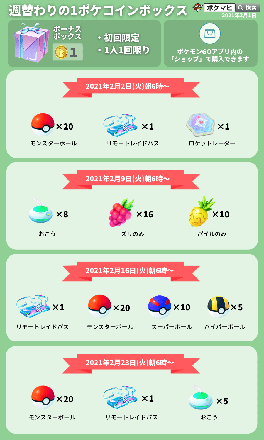 ポケモンgo攻略情報 ポケマピ 週替わりの1ポケコインボックスは日本時間の毎週火曜日朝6時が入れ替わり日時のようです 1ポケコインボックスの画像を更新しました 2月イベント画像とあわせてご確認ください 21年2月イベント情報まとめ T