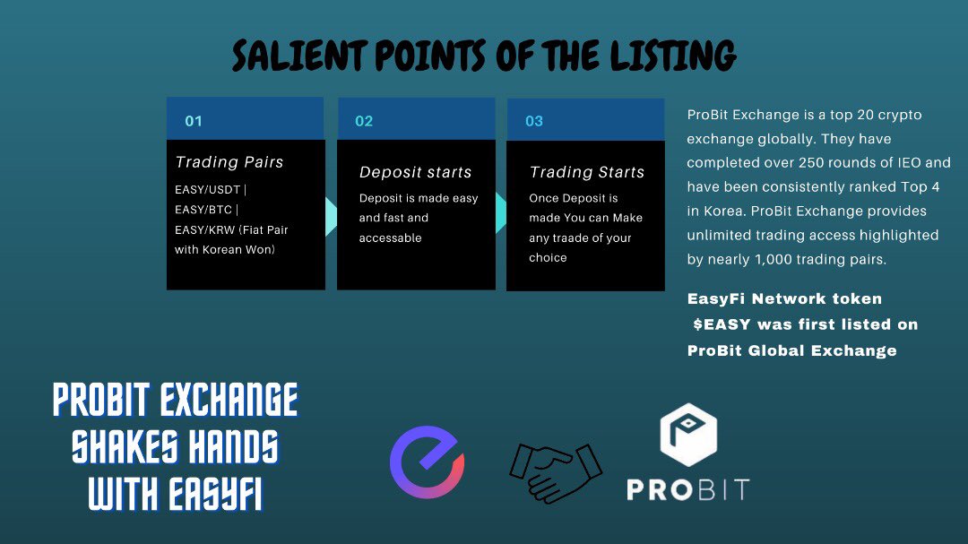 Blockchain_amb's tweet photo. 🚨Update!!! ProBit Exchange partnership with @EasyfiNetwork 👇🏾 for more about the partnership 🚀🚀
#DoMoreWithDeFi
#EasyFy https://t.co/ACM3JOXuHj