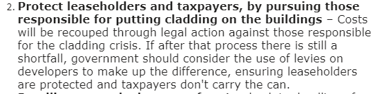 I do have some criticisms of Labour's position: they aren't very clear on how they would protect both the taxpayer and leaseholders from the cost. Legal action is not going to do it. 'Considering' levies isn't really strong enough