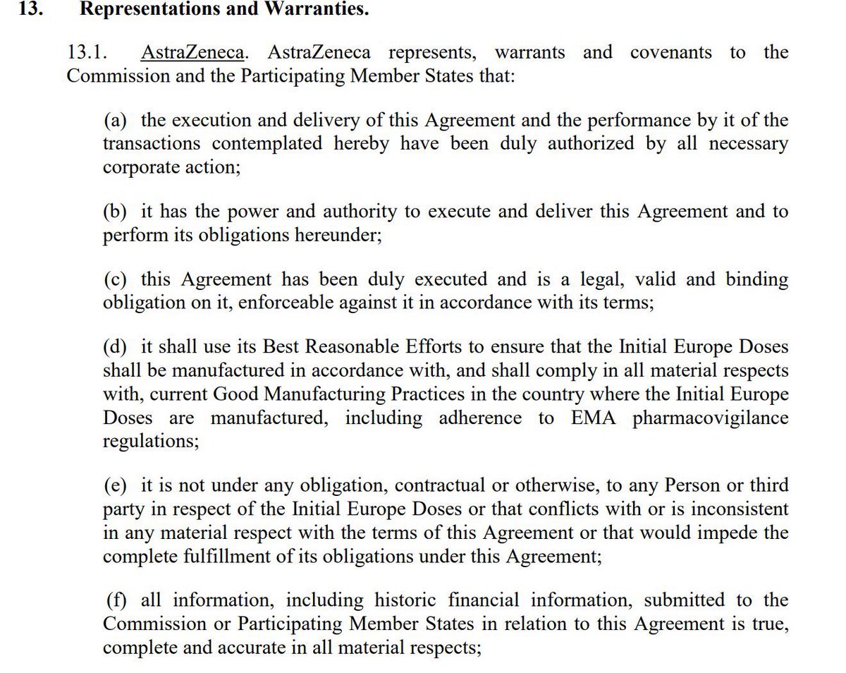 The Commission says this clause (13.1e) in AstraZeneca’s EU contract would make any preferential treatment for UK a violation.It says AZ is not under any other contract obligation (for instance, to UK) that would impede fulfilment of its obligations to the EU.