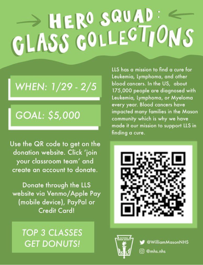 Hero Squad Class Collections is this week! Please consider donating to this fundraiser to help the Leukemia &amp; Lymphoma Society find a cure. You can donate through this link through your 5th bell class page!!  events.lls.org/pages/soh/Will…
