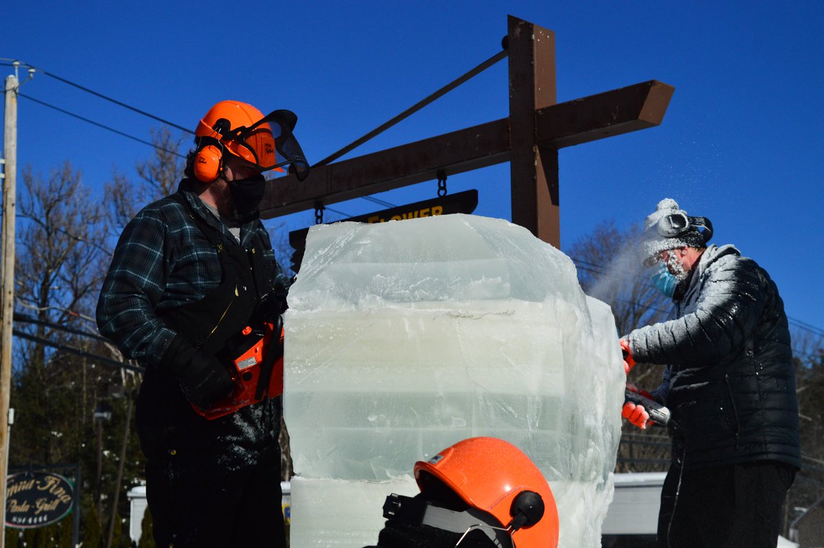 Liam was getting blasted in the face by ice shavings thrown by his "spinning knife" tool.He said it is scarier than using the chainsaws."It's like a 8-inch kitchen knife spinning at 10,000 RPM," he said.He was smoothing out the rough edges left by the chainsaws.