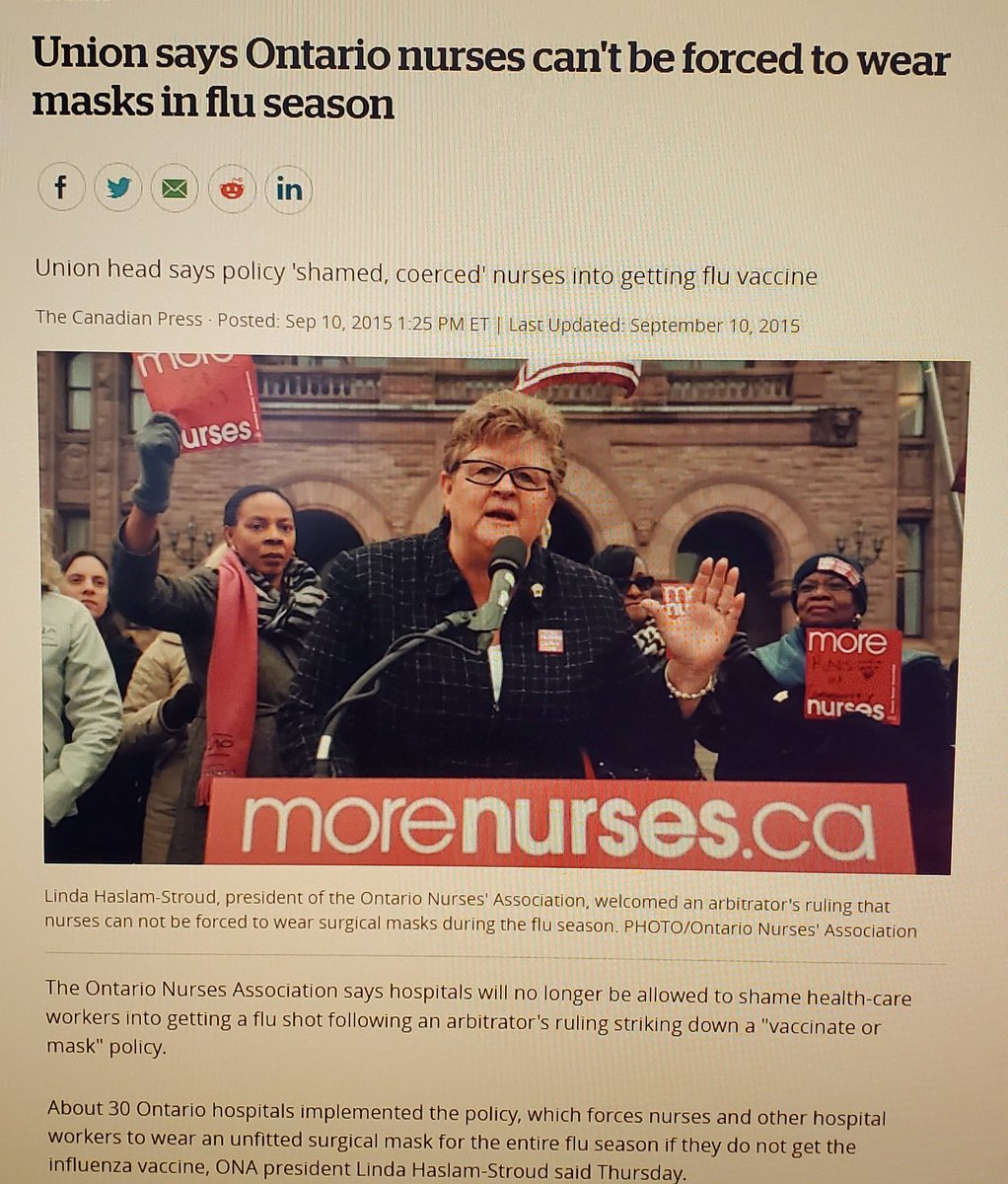 Ontario Nurses win right not to mask.  https://www.ona.org/news-posts/ona-wins-vaccinate-or-mask-flu-policy/