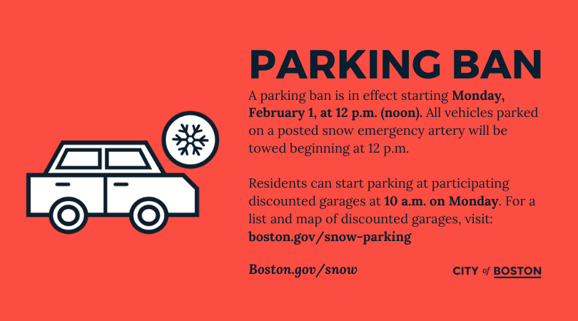 bostonpolice's tweet photo. #BPDCommunityAdvisory: A snow emergency and parking ban will take effect at 12 PM on Monday February 1, 2021. Any vehicle parked on a posted snow emergency artery in Boston will be towed beginning at noon: https://t.co/L9ZPTBLxKI https://t.co/3LQgDHqKBi