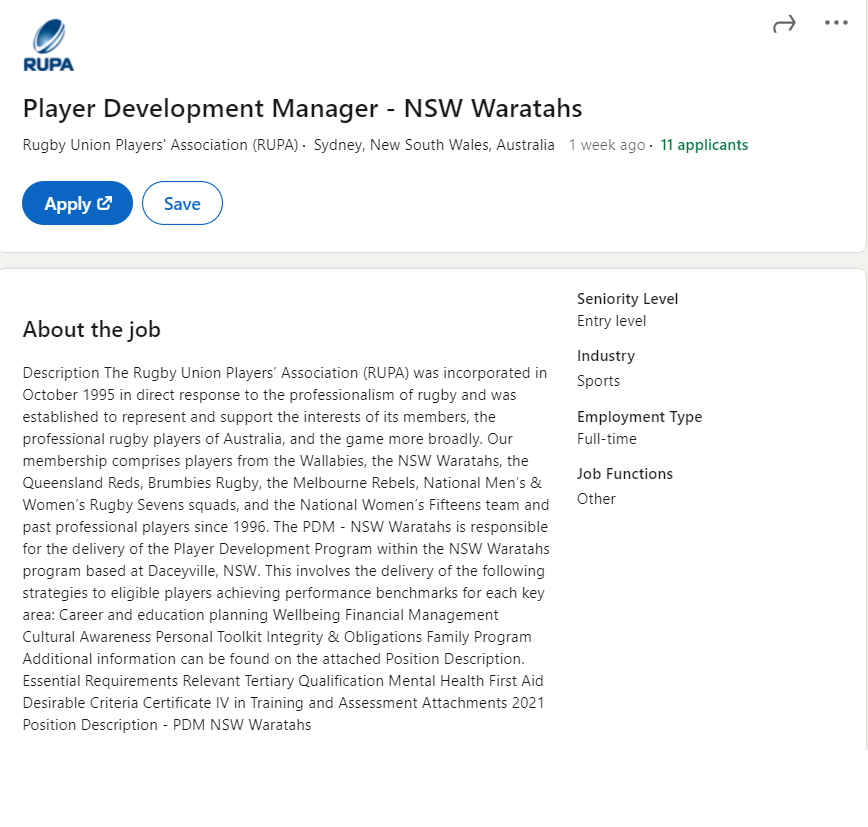 #jobalert #nowhiring #jobs #career #jobseekers #hiring #jobsearch #recruitment

Where: @RugbyPlayersAus ( @NSWWaratahs )
Location: Daceyville, #NSW
Position: Player Development Manager
Closing: TODAY 01/02/21
To Apply:  linkedin.com/jobs/view/2390…