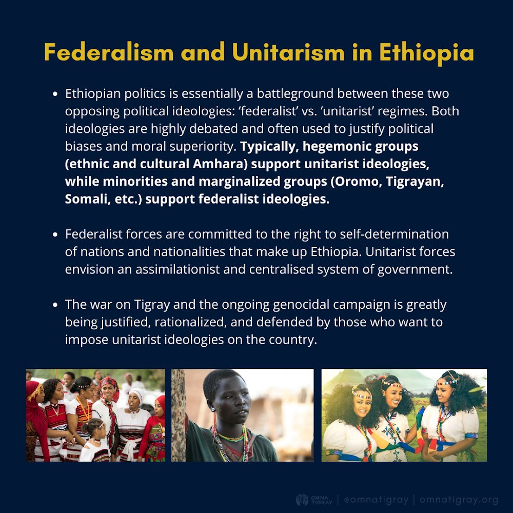 Ethiopian politics is essentially a battleground between two opposing political ideologies: ‘federalist’ vs ‘unitarist’ regimes.The  #WarOnTigray + the ongoing genocidal campaign is being justified + defended by those who want to impose unitarist ideologies on the country.