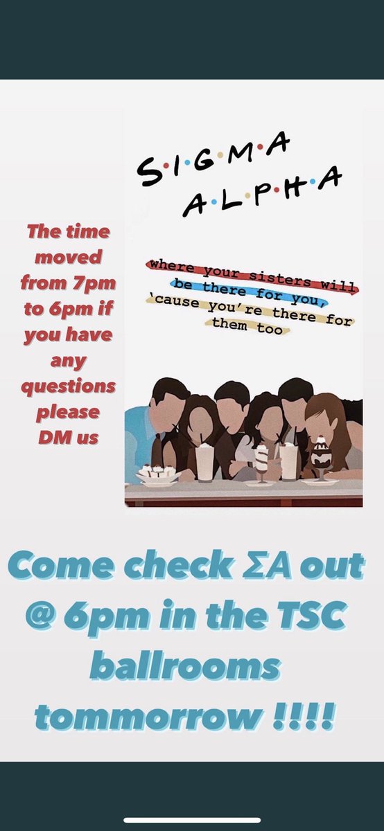 🚨 If you’d like to join the best sisterhood ever please come check us out at 6pm in the TSC Ballrooms tomorrow. The time is no longer 7pm if you have any questions please pm us or our recruitment chair Jaci @jaci_harris_ 🚨