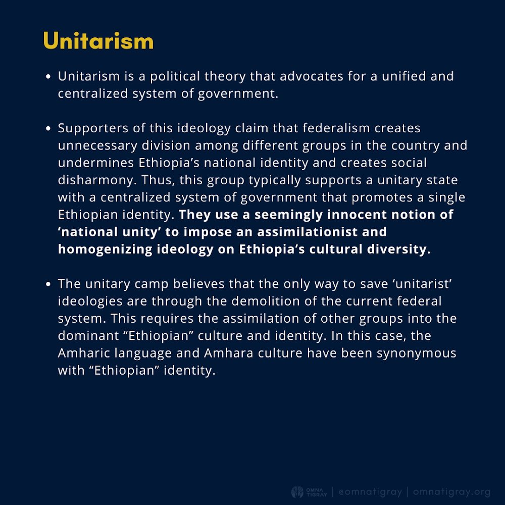 On the other hand, unitarism is a political theory that advocates for a unified and centralized system of government.Supporters of this group use a notion of ‘national unity’ to impose an assimilationist and homogenizing ideology on Ethiopia’s cultural diversity.