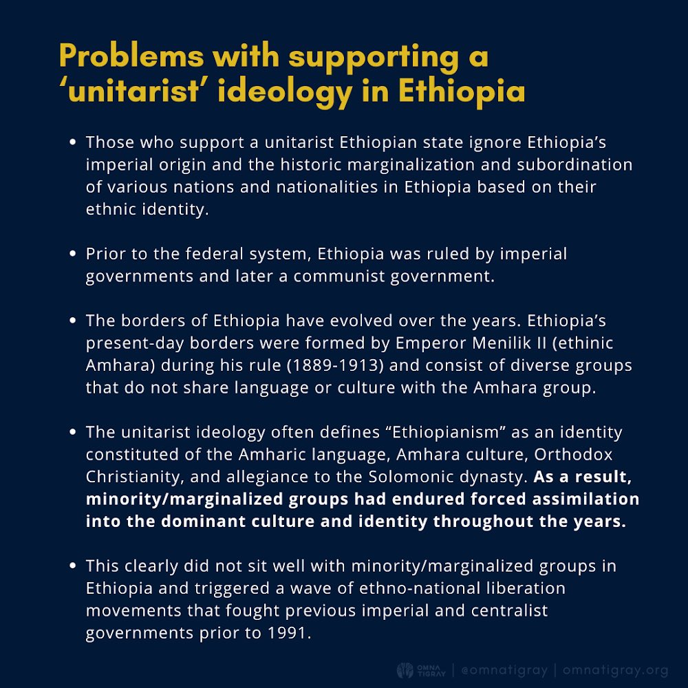 The unitarist ideology often defines “Ethiopianism” as an identity constituted of the Amharic language, Amhara culture, Orthodox Christianity + allegiance to the Solomonic dynasty.Marginalized groups had endured forced assimilation into the dominant culture + identity.