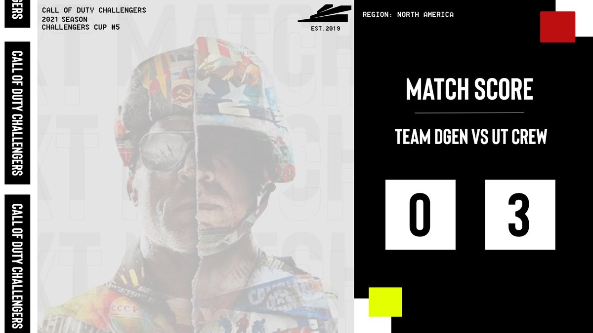 [NA | Challengers Cup #5]

Losers Finals ⚔️

<a href="/Team_dGen/">Team dGeneration</a> 0-3 uT Crew

<a href="/Team_dGen/">Team dGeneration</a> has been Eliminated, and placed T3 🔥

#CDL2021
