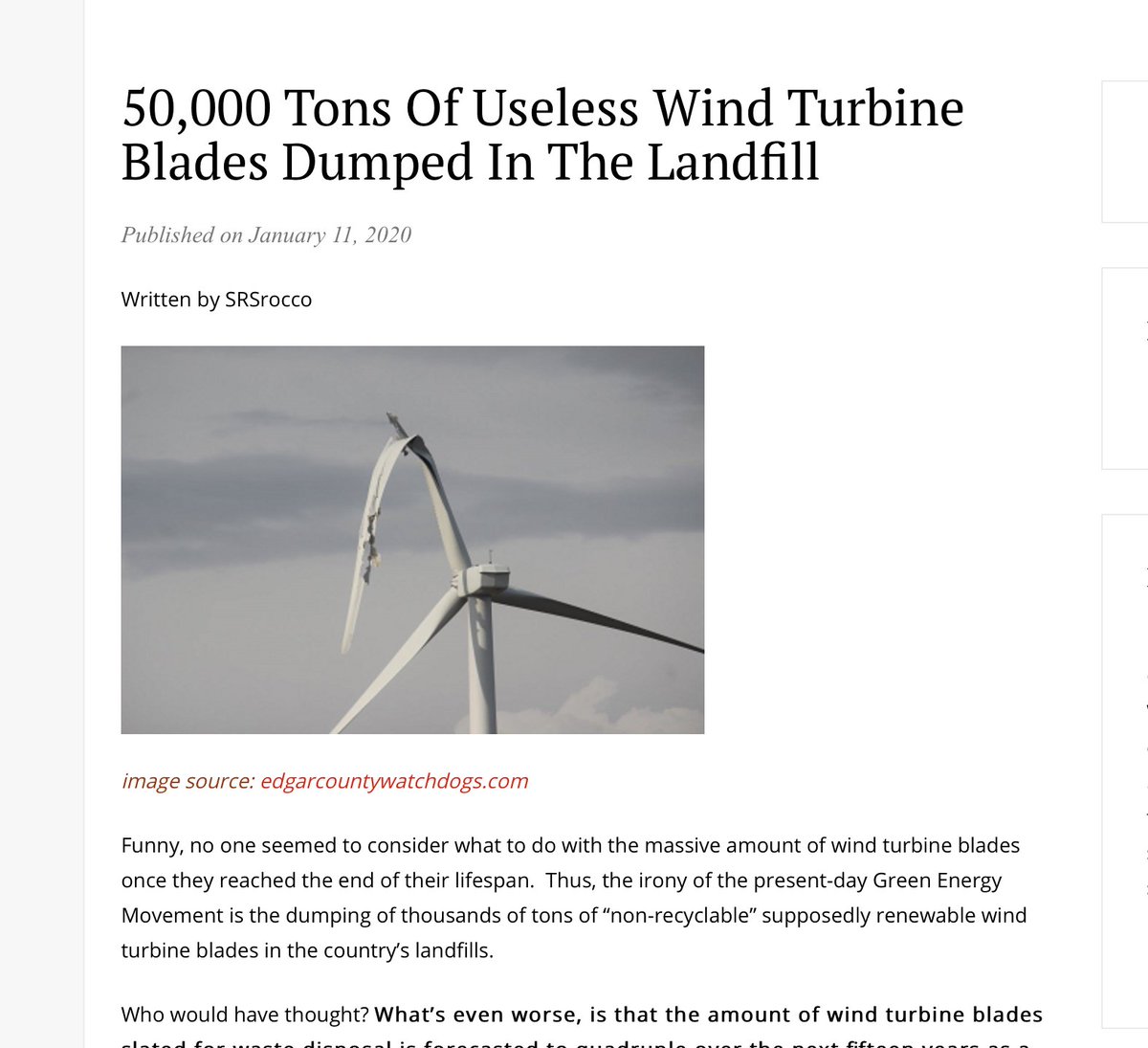 These Wind Turbines are toxic, being placed in landfills and not recyclable. The government/media hide stories and studies about adverse effects on the people/animals w/in a 75 mile radius of these turbines.