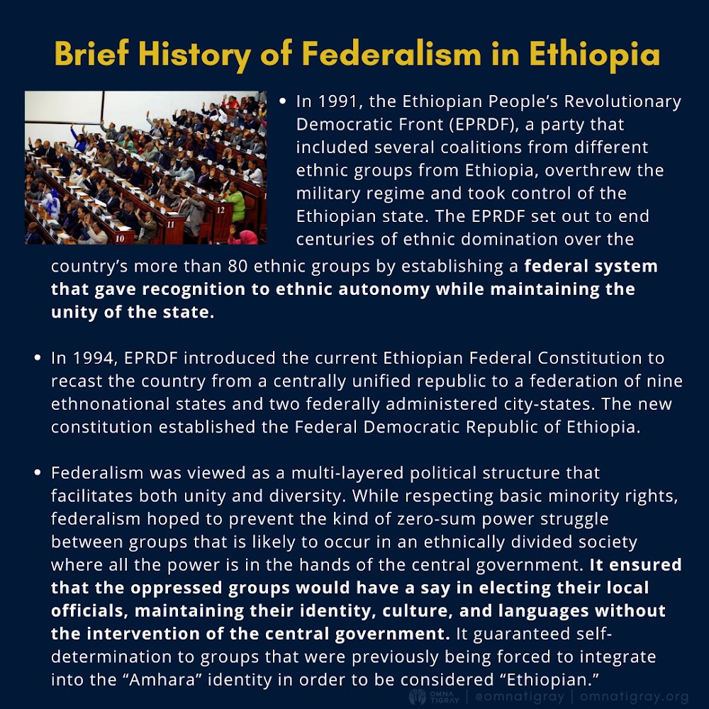 In 1991, the EPRDF established a federal system giving recognition to ethnic autonomy while maintaining unity of the state.Oppressed groups would have a say in electing their local officials, maintaining their identity, culture + languages w/out intervention of the central gov.