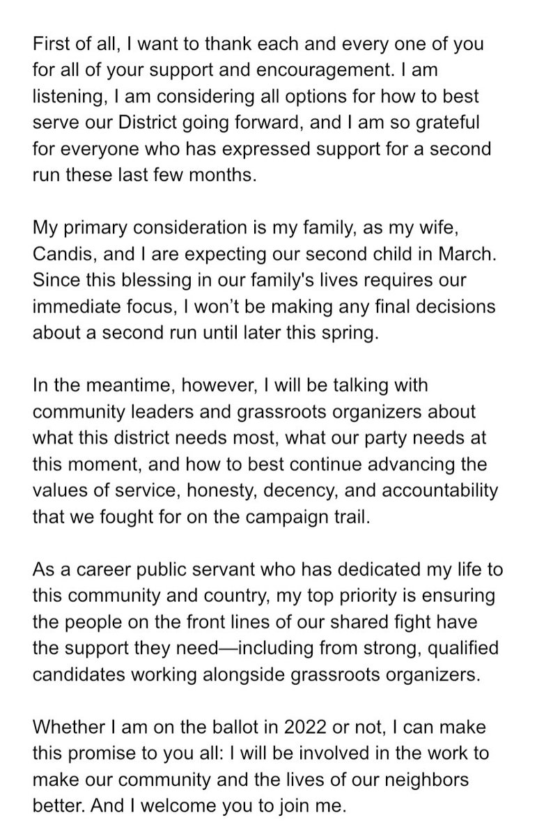 Chip4Congress's tweet image. Since our campaign ended, and especially in the last few weeks, I have had so many supporters reach out and ask if I would be running again in 2022. 

While I have not yet made a decision, I do want to address these questions.

Read my full statement for more👇