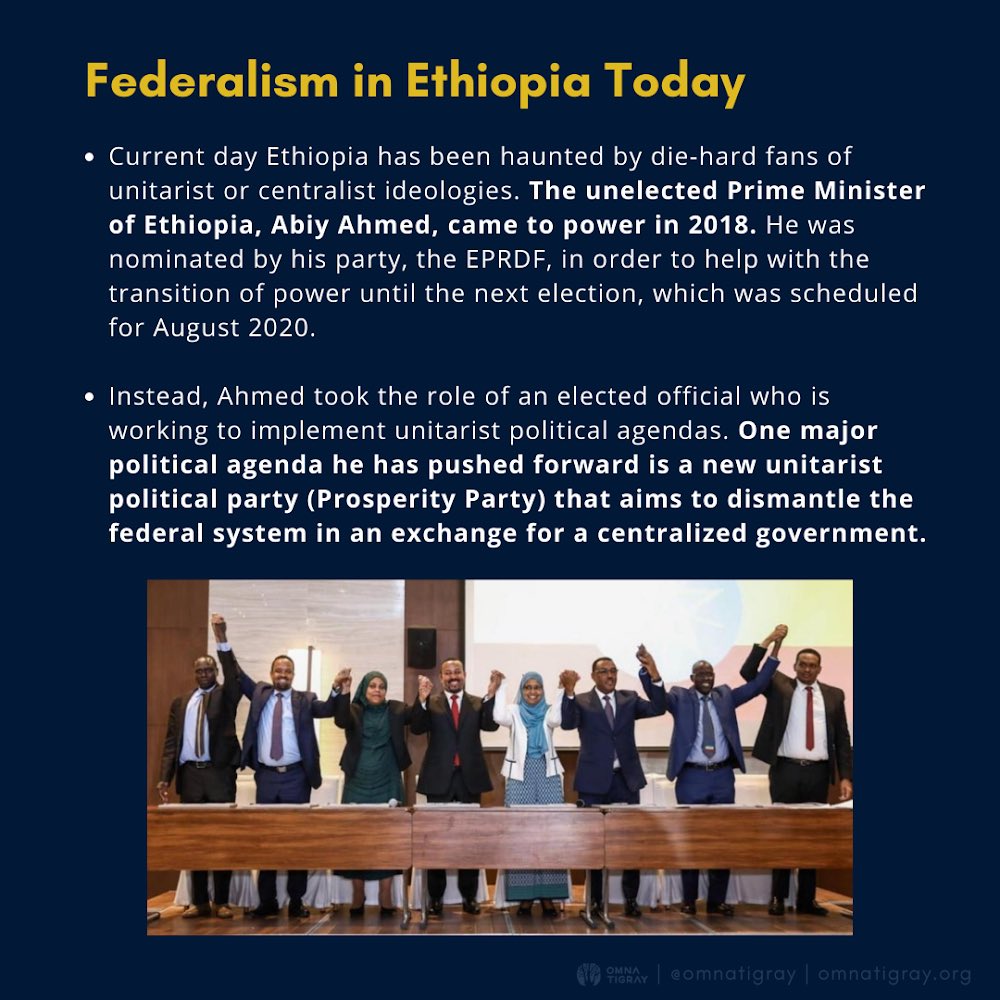 The unelected PM of Ethiopia, Abiy Ahmed, came into power in 2018 and one major political agenda he pushed forward is a new unitarist political party, Prosperity Party, that aims to dismantle the federal system in exchange for a centralized government.