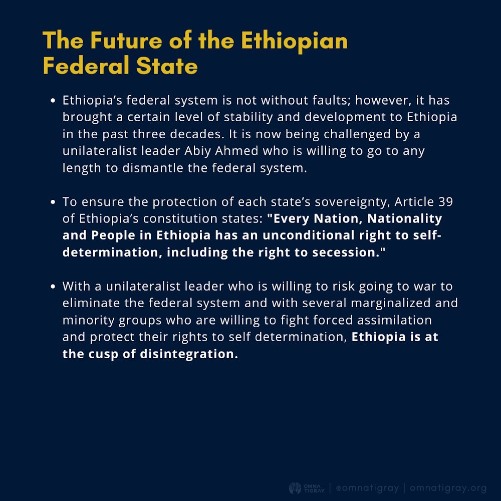 With a unilateralist leader who is willing to risk going to war to eliminate the federal system + with several marginalized and minority groups who are willing to fight forced assimilation and protect their rights to self determination,  #Ethiopia is at the cusp of disintegration.