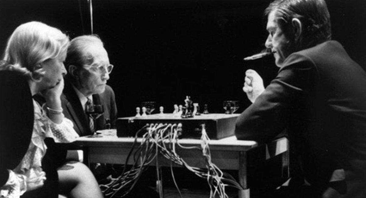 openculture's tweet photo. When John Cage &amp; Marcel Duchamp Played Chess on a Chessboard That Turned Chess Moves Into Electronic Music (1968) 

https://t.co/yJyKAqCo2x https://t.co/2ydfobww7y