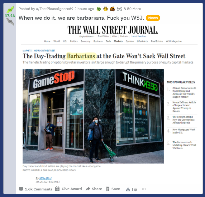 TradingAllIn's tweet photo. #quote #WallStreetBets
"When we do it, we are barbarians. F*ck you @WSJ" https://t.co/jEbNHm2qxN 🔥#pullmyfinger 🚀#igotgas 🤭 https://t.co/ePfy5VS1D7