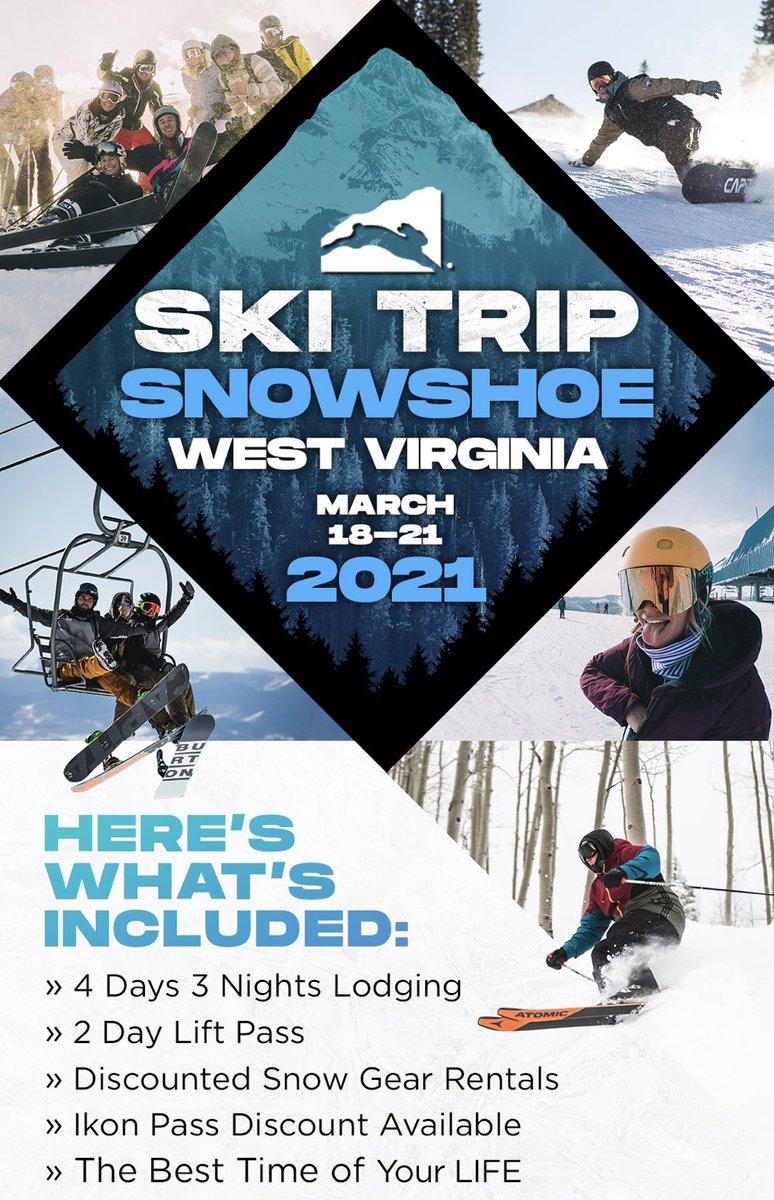 SNOWSHOE IS A GO! 1500 foot vertical drop, 180 inches of natural snow every year! 4 days, 3 nights and 2 lift tickets! It’s also within a 4 hour drive from Athens! OSU , Cinci and Kent state will also be going the same weekend as us!!! gw.echotours.com/reg/ccd