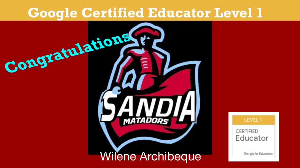 Shoutout to Wilene Archibeque who earned Level 1 Google Certification! #SandiaHSTech <a href="/SHSdanza/">Larry D'Anza</a> <a href="/Sandia_Matadors/">Sandia High School</a> <a href="/EdTechAPS/">APSEdTech</a> <a href="/ABQschools/">Albuquerque Public Schools</a>