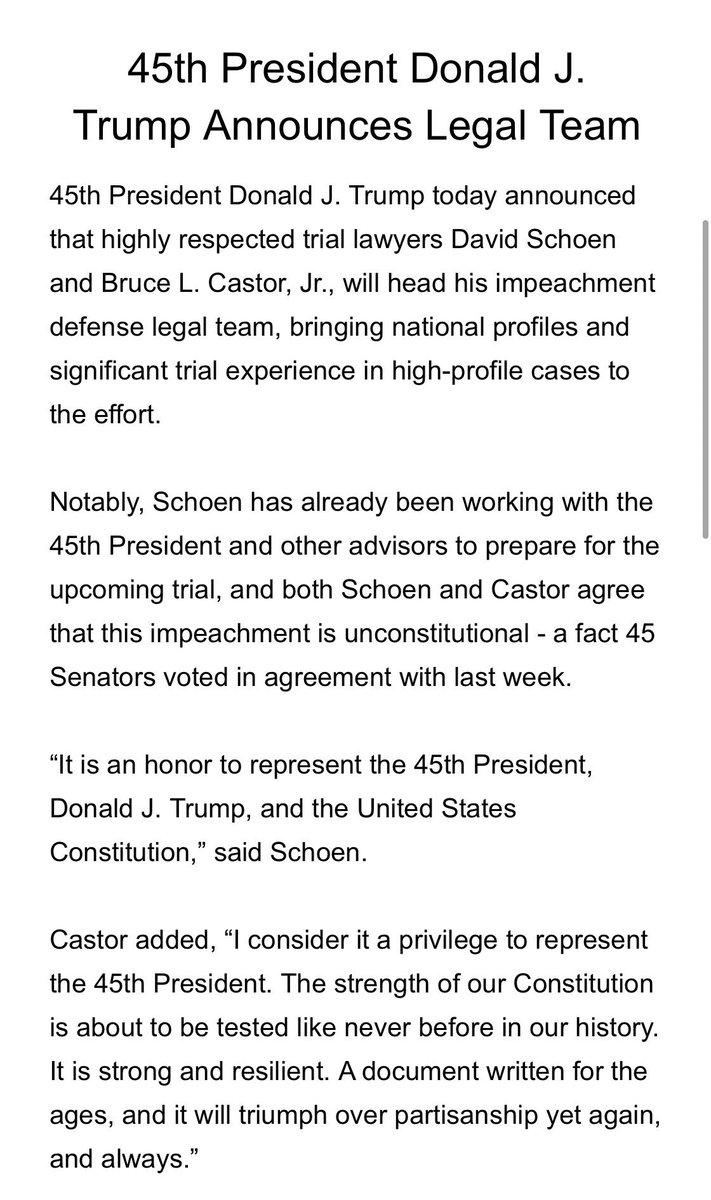 RealFormerPOTUS's tweet image. BREAKING: 45th President Donald J. Trump announces highly respected lawyers who will defend him at the impeachment trial