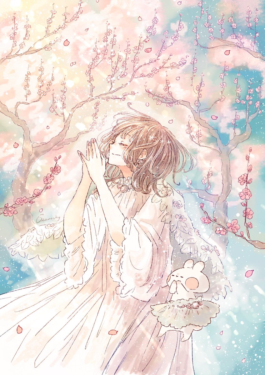 1girl brown hair closed eyes cherry blossoms dress smile tree  illustration images