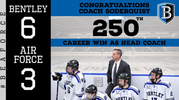 BentleyHockey's tweet photo. Congratulations, Coach Soderquist, on a milestone victory tonight Great job! #BentleyU #BeAForce #AtlanticHockey #NCAAStats https://t.co/ccvztnMpf6