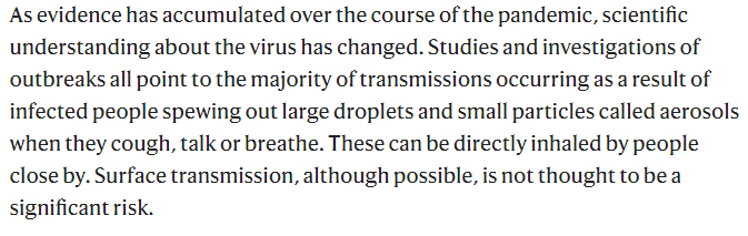 7/ "Los estudios de brotes todos apuntan a q la mayoría de la transmisión se debe a personas infectadas echando gotas y aerosoles cuando tosen, hablan, o respiran. Estas pueden ser inhaladas por personas cercanas. Las superficies, aunque posibles, no se consideran importantes"