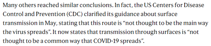 6/ "Muchos otros llegaron a conclusiones similares. Los CDC de EEUU  @CDCespanol clarificaron su información sobre transmisión por superficies en Mayo. Ahora nos dicen que "Se piensa que las superficies no son una forma común de transmisión de COVID-19." https://espanol.cdc.gov/coronavirus/2019-ncov/faq.html#Spread