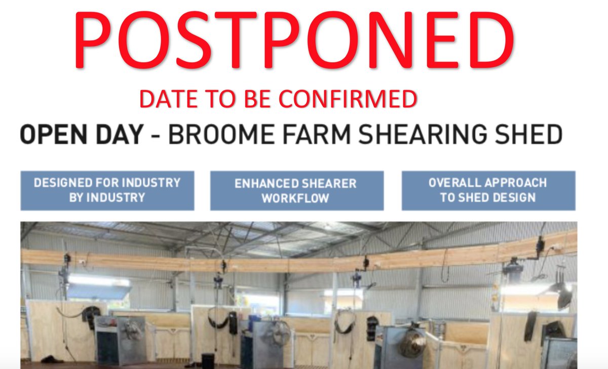 Australian Wool Innovation (@woolinnovation) on Twitter photo Unfortunately the Broome Farm shearing shed open day 4th of February has been POSTPONED with a future date yet to be confirmed. Keep an eye out for information from @thesheepsback for the new date once decided <a href="/WAFarmers/">WAFarmers</a> <a href="/WAPastoralists/">WAPastoralists</a> <a href="/livestock_the/">The Livestock Collective</a> <a href="/farmweekly/">Farm Weekly</a> Unfortunately the Broome Farm shearing shed open day 4th of February has been POSTPONED with a future date yet to be confirmed. Keep an eye out for information from @thesheepsback for the new date once decided <a href="/WAFarmers/">WAFarmers</a> <a href="/WAPastoralists/">WAPastoralists</a> <a href="/livestock_the/">The Livestock Collective</a> <a href="/farmweekly/">Farm Weekly</a>