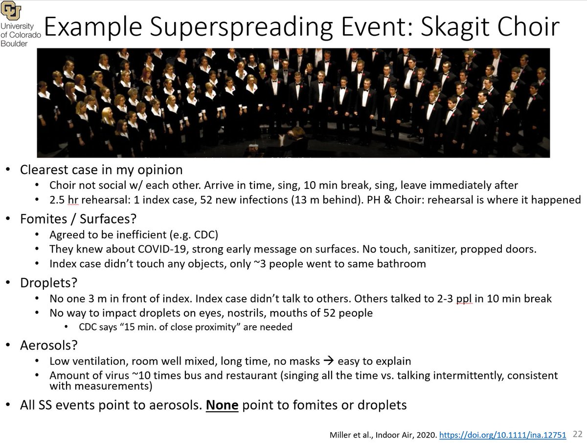 9/ Como ejemplo de brotes, el caso del coro que investigamos nosotros. Claramente solo la inhalación de aerosoles, e.g. por personas 13 metros por detrás del infectado, lo pueden explicar (detalles en hilo del enlace).  https://translate.google.com/translate?hl=&sl=en&tl=es&u=https://threadreaderapp.com/thread/1306450428867964930.html