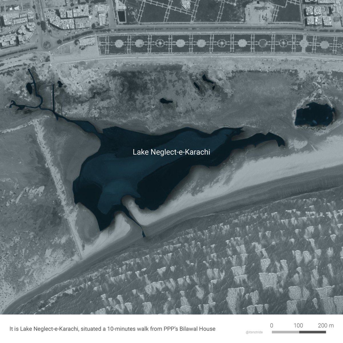 It is Lake Neglect-e-Karachi, an unapologetic sewage outfall on the city's most accessible public beach- "ghareebon ka sahil"- situated a short 10-minutes walk from Bilawal House. A casual fact.Don't go here to access nature at the sea, it is hazardous.2/9