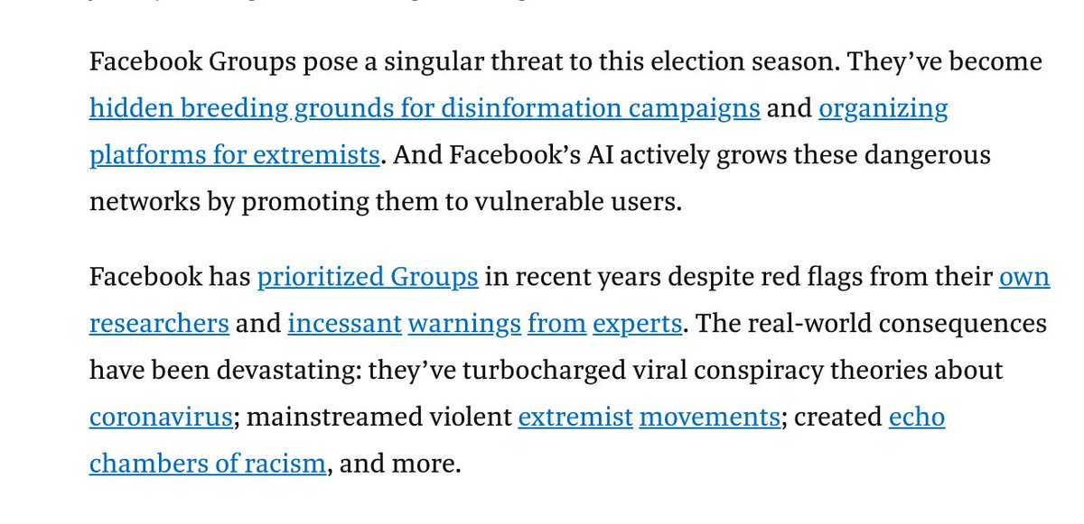 JesseLehrich's tweet photo. .@accountabletech & @Mozilla led a coalition urging Facebook to #StopGroupRecs in September.
we warned: "Facebook Groups pose a singular threat to this election season."
https://t.co/rJHQGn7oQG
@JeffHorwitz reveals FB's own researchers were warning the same. Mark didn't care. https://t.co/etQ1fTD1we