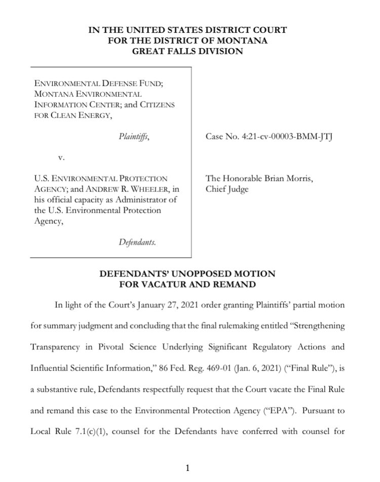 ellengilmer's tweet image. Update on this. EPA has asked the court to vacate &amp;amp; remand the Trump admin’s &quot;secret science&quot; rule in light of last week’s ruling scrapping the immediate effective date