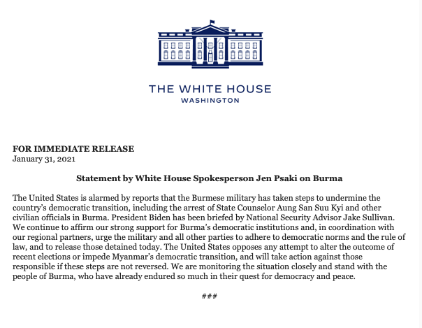 US "alarmed by reports that the Burmese military has taken steps to undermine the country’s democratic transition, including the arrest of State Counselor Aung San Suu Kyi and other civilian officials in Burma," says  @PressSec.