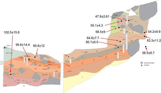 3. In 2011 we were funded by  @NERCscience to surgically excavate and date these sediments. This was a transformative moment. Showed us sediment spanned MIS5-3 and that the fossil teeth discovered in 1910-1911 were less than 48k years old. We were also able to document erosion.