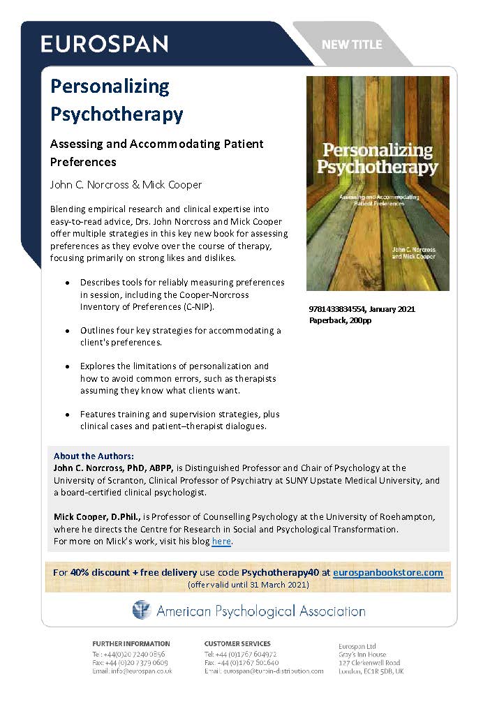 mickcooper77's tweet photo. 40% discount on our new book, Personalizing Psychotherapy: Assessing and Accommodating Patient Preferences.' A new, comprehensive guide on working with the complex area of clients' therapeutic wants and needs. https://t.co/y7vWs4m6U6