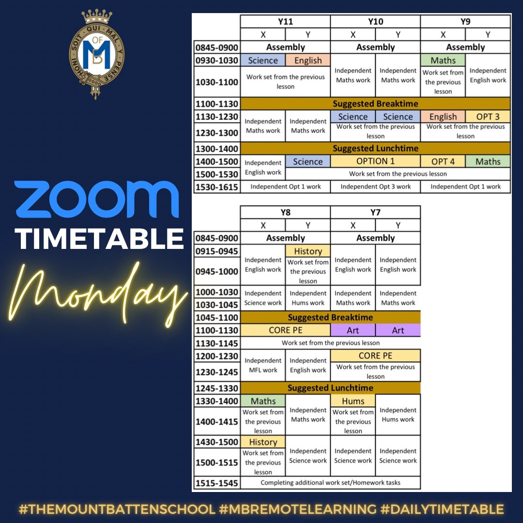 MountbattenSch's tweet photo. It is the start of another week, here is today’s timetable. This week is also #childrensmentalhealthweek so we will be sharing and signposting resources all week.
#TheMountbattenSchool #MBremotelearning #dailytimetable https://t.co/kkD7rfEJZm