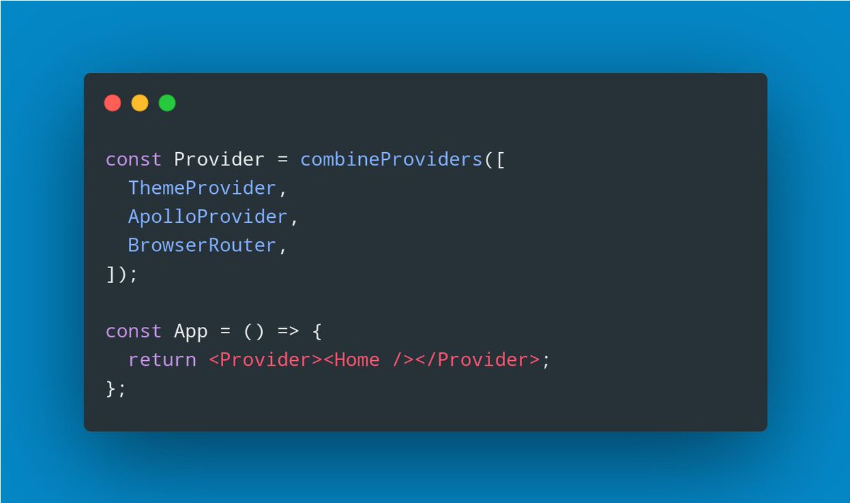 Sometimes you end up with a lot of Providers in React.It can make your root component quite nested and hard to read.Use this utility function to combine a list of Providers into a single Provider.  https://gist.github.com/SimonHoiberg/81cbf7bef73c1c901b85ad8329fd1a09