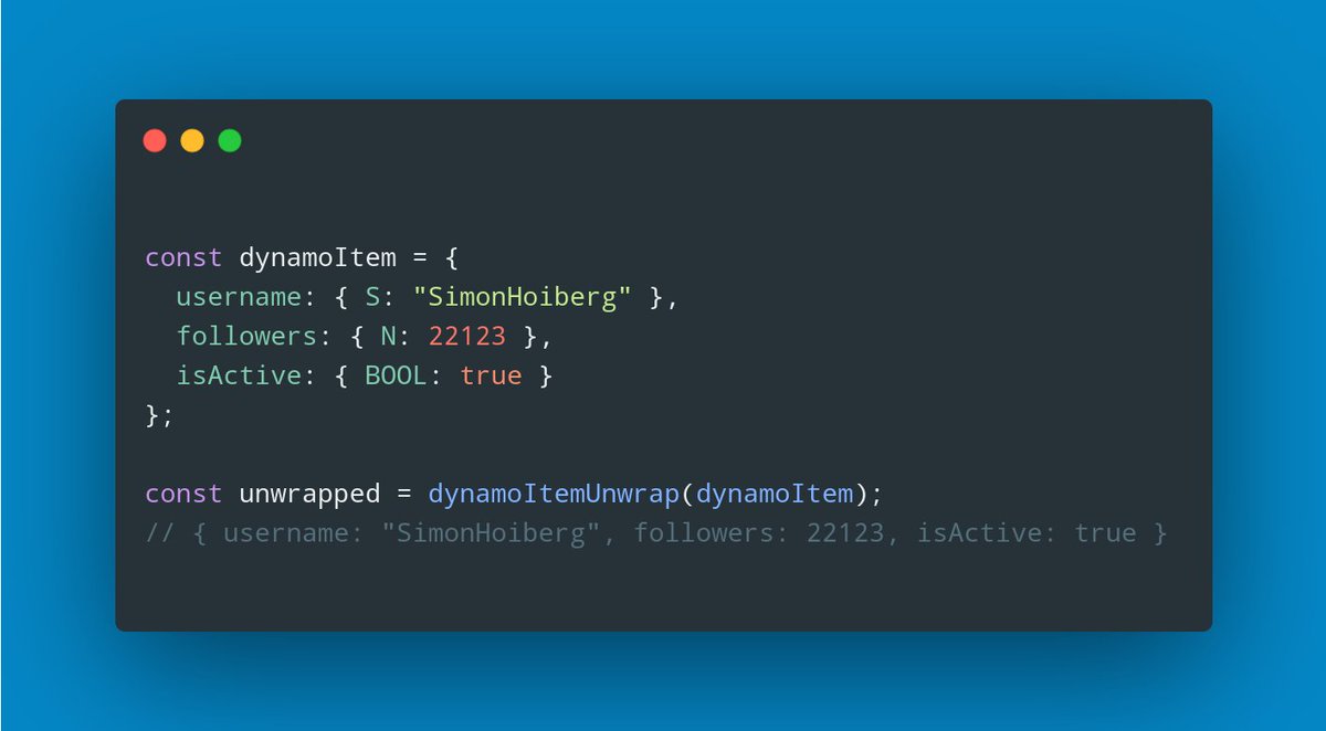 If you've been working with the AWS SDK for Node.js, you probably know that the DynamoDB client returns entries in a quite annoying format.Use this utility function to unwrap it into a normal-shaped object.  https://gist.github.com/SimonHoiberg/469c2ad3db55b16edbea2c6720d3d83c