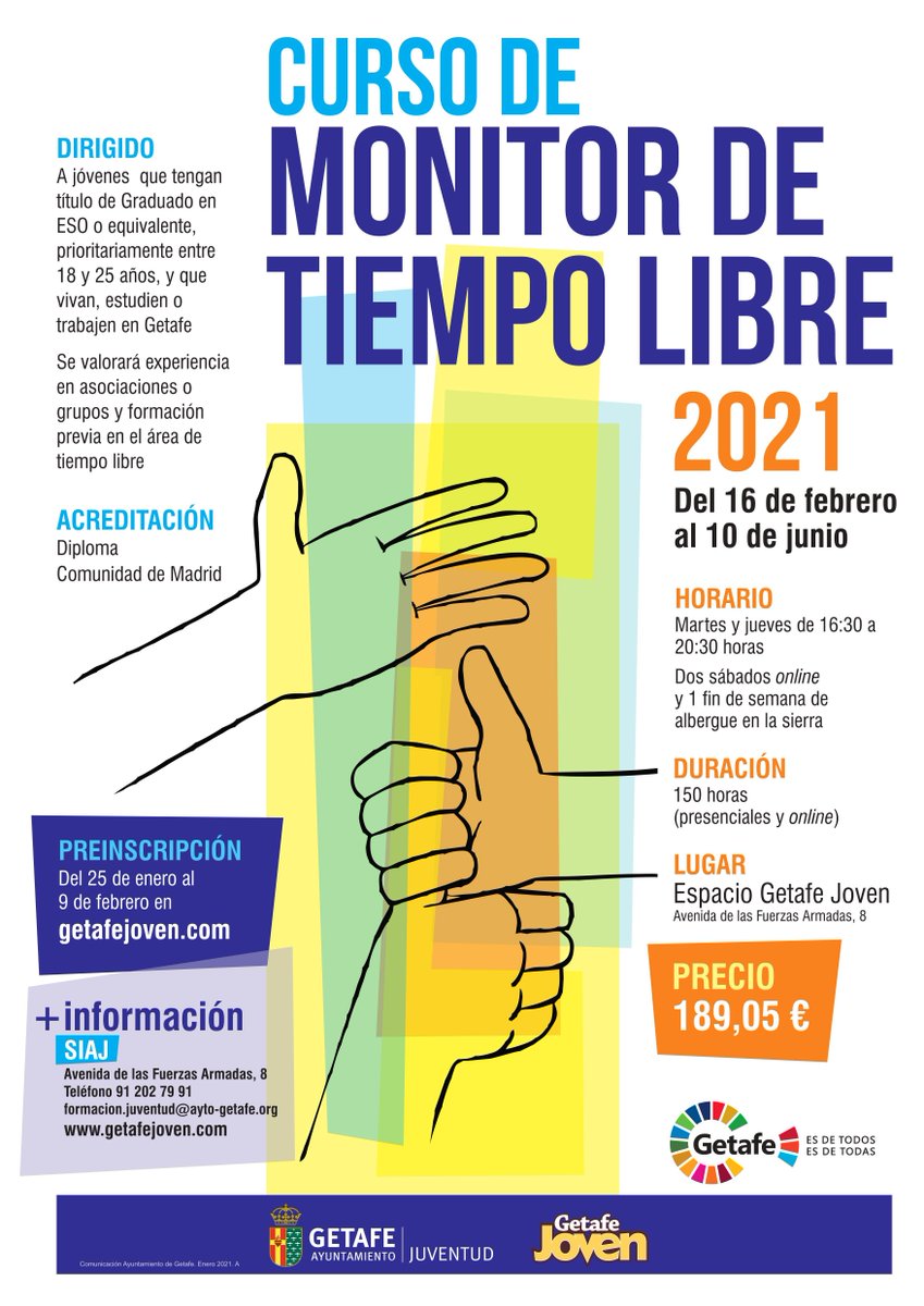getafejoven's tweet photo. Aún estás a tiempo de solicitar plaza en el curso de #MONITORDETIEMPOLIBRE de #getafejoven. El curso tendrá lugar del 16 de febrero al 10 de junio. Toda la información en https://t.co/neJA8k0xM5
Preinscripciones hasta el 9 de febrero #JuventudGetafe @getafejoven @aytogetafe https://t.co/OUevQt2ccr