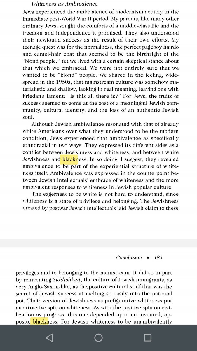 The book is really a hot mess, but it argues by the end that not only did Jews become white, but that they did so through racism at times and to gain privilege, and that privilege (whiteness) corrupted them and should be resisted. (She also cites Gramsci...).
