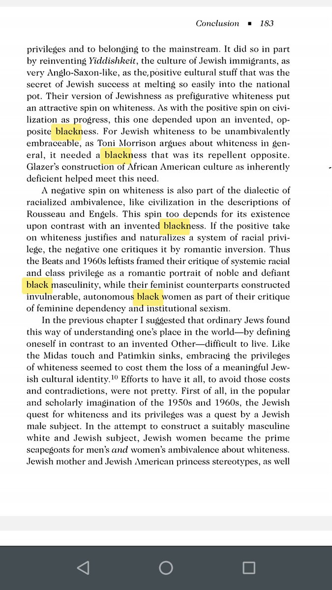 The book is really a hot mess, but it argues by the end that not only did Jews become white, but that they did so through racism at times and to gain privilege, and that privilege (whiteness) corrupted them and should be resisted. (She also cites Gramsci...).