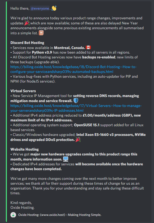 OxideHosting's tweet photo. Hello there. 👋

We today announce various product improvements for our services, including delayed New Years announcements. 🎉 We've got many more changes to come in February. 😊

Please see our Discord server for the full announcement. 🤝

Kind regards,
Oxide Hosting. https://t.co/OWn4zuq1fx