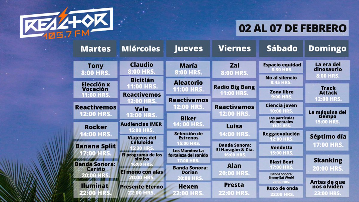 Reactor105's tweet photo. Les compartimos la programación que tendremos del 2 al 7 de febrero en Reactor #ElOrdenDelCaos 🎧😏 https://t.co/vSkEkd0Rfv