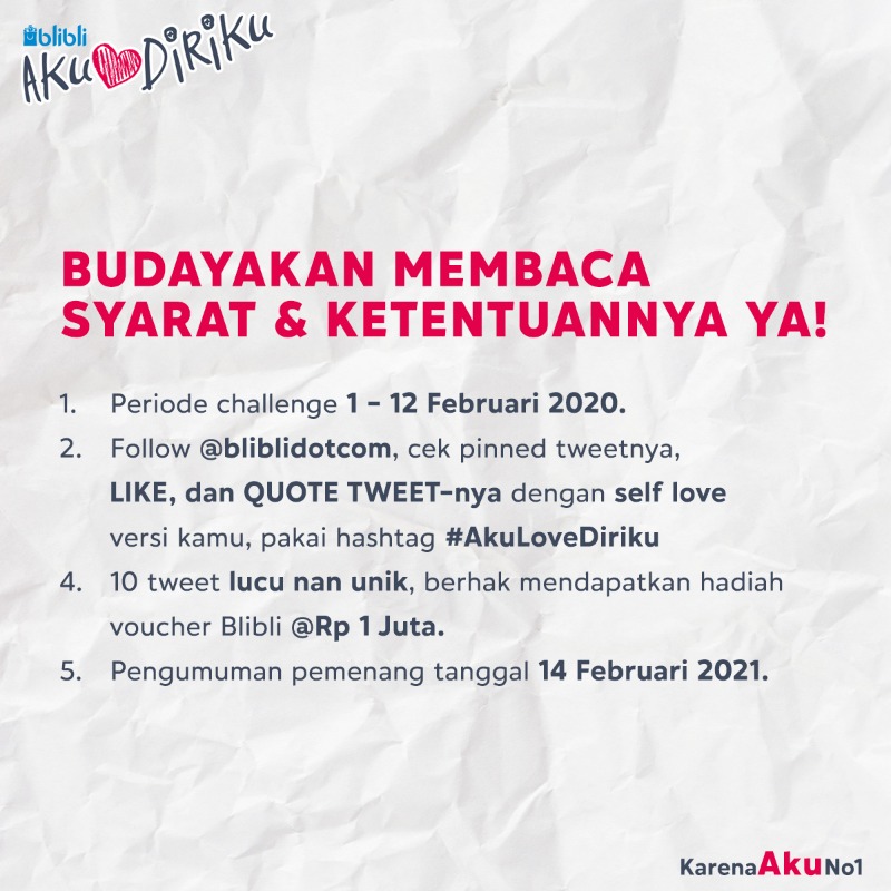 bliblidotcom's tweet photo. #AkuLoveDiriku Challenge! Asik banget gak sih hadiahnya? 🥺🙏

Yuk FOLLOW aku, LIKE &amp; QUOTE tweet ini dengan mantra self love kamu! Pastiin singkat, padat, dan kocak~

Btw, klik gambar di bawah untuk info lengkapnya! 💙