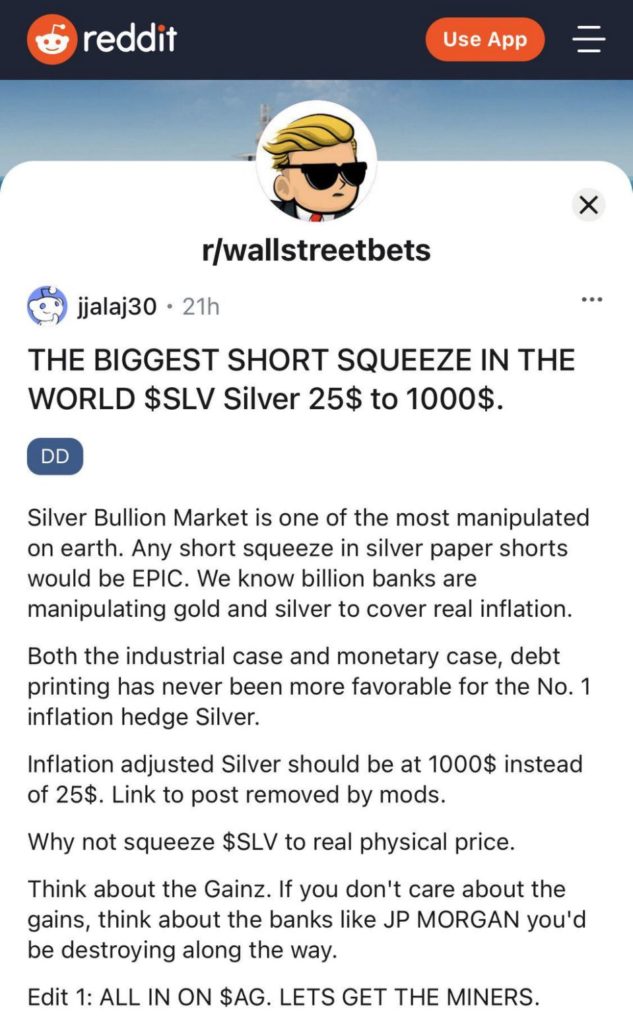 It is believed that the silver market is highly manipulated by Wall Street and that the market is shorted by many factors more than actual silver that exists above ground. By trying to corner silver, especially physical,  #WSB hopes to explode Wall Street's machinations.
