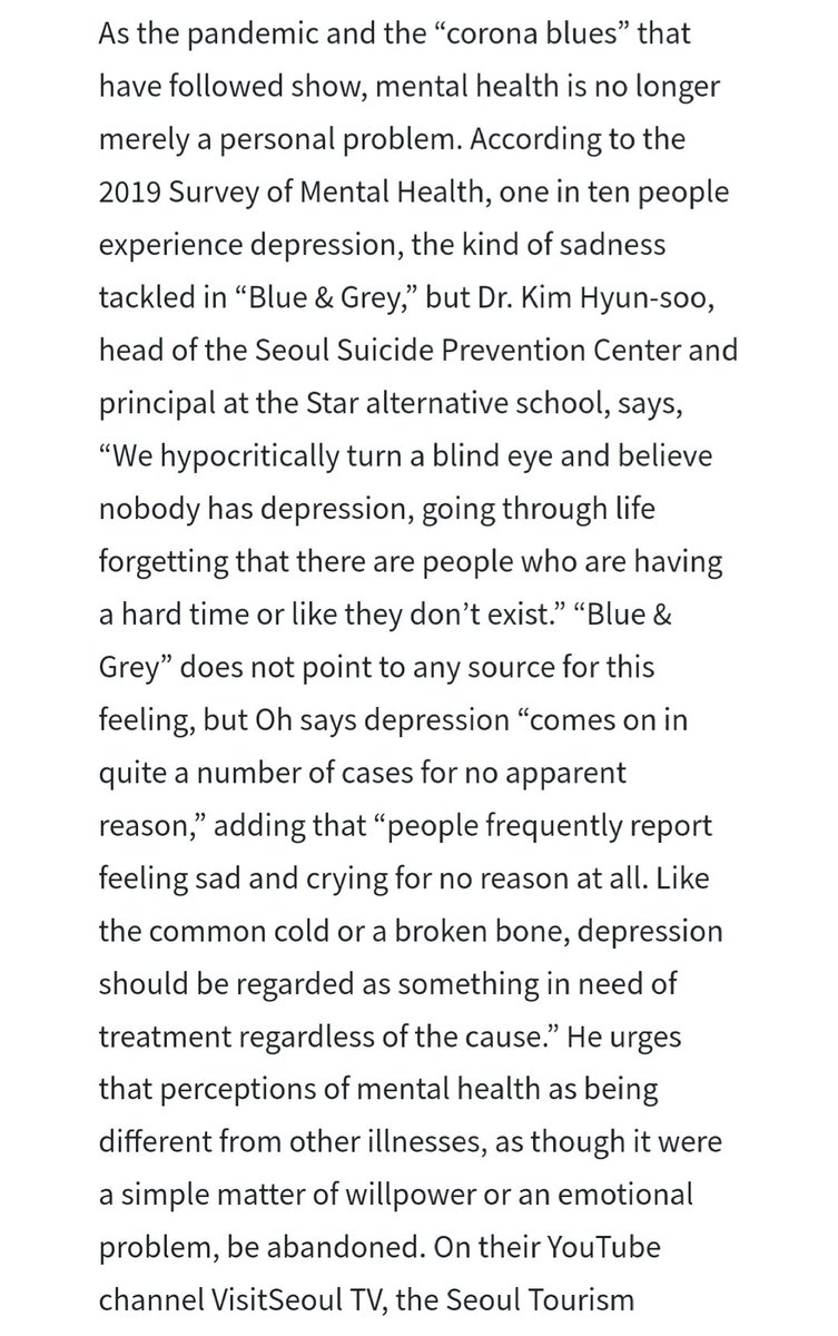BTSPressData's tweet photo. “In “Blue &amp; Grey,” a track from the album, members use images of color, like, “cuz I am blue &amp; grey,” “my color hidden behind a smile blue &amp; grey,” “a blue question mark,” and “a grey rhino approaching,” to speak honestly about melancholy and anxiety.”

(https://t.co/G7V18GbsOJ) https://t.co/X0zrdMsMIT