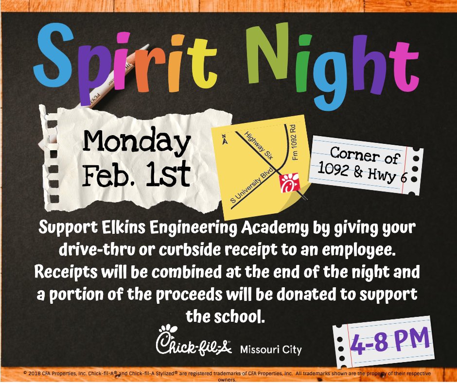elkinsengineers's tweet photo. Take a break from making dinner on Monday, Feb. 1st and come out and support the Elkins Engineering Academy. @Elkins_EABC @EHS_Knightswire @FBISD_SEL https://t.co/tXJ54Hse95